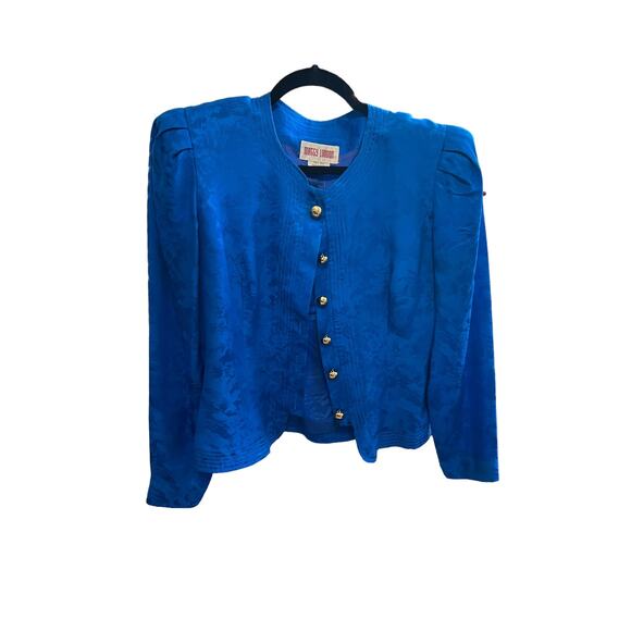 Vintage Silk Maggy London Royal Blue Floral Textured Gold Button Top, 6 - Picture 3 of 11